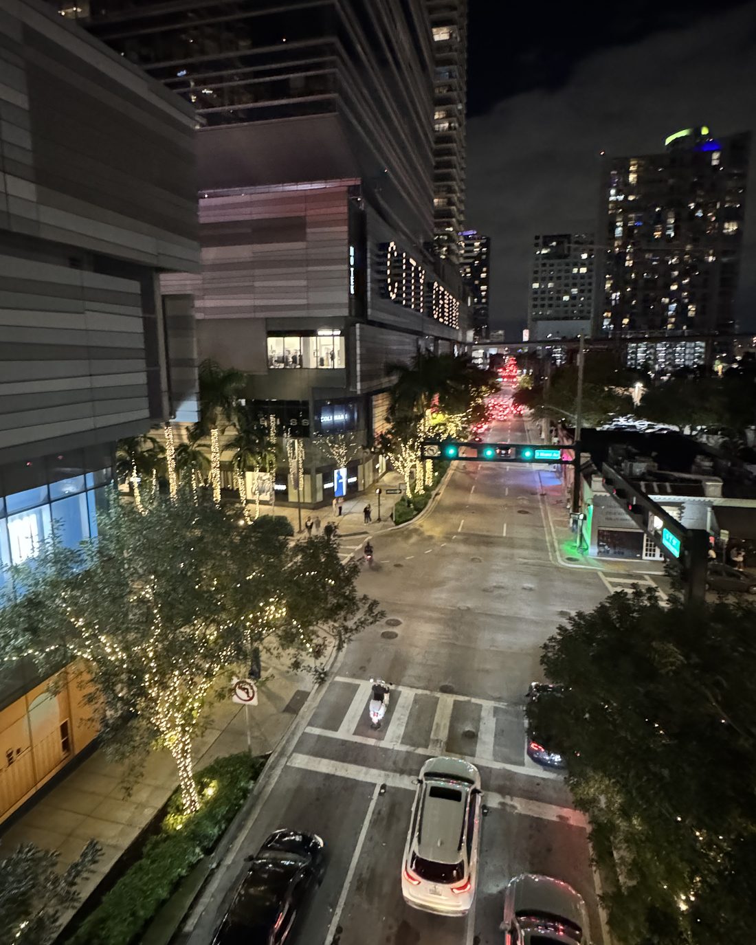 Una calle de Brickell, en Miami, de noche, con luces y árboles iluminados